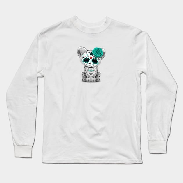 Blue Day of the Dead Sugar Skull Snow Leopard Cub Long Sleeve T-Shirt by jeffbartels